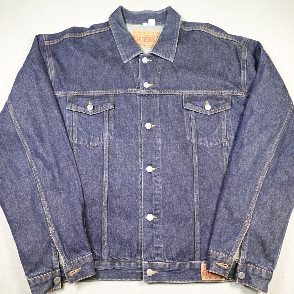 Vintage Guess Jean Jacket Mens 3XL Blue Denim Trucker dark wash 90s Hip Hop USA
